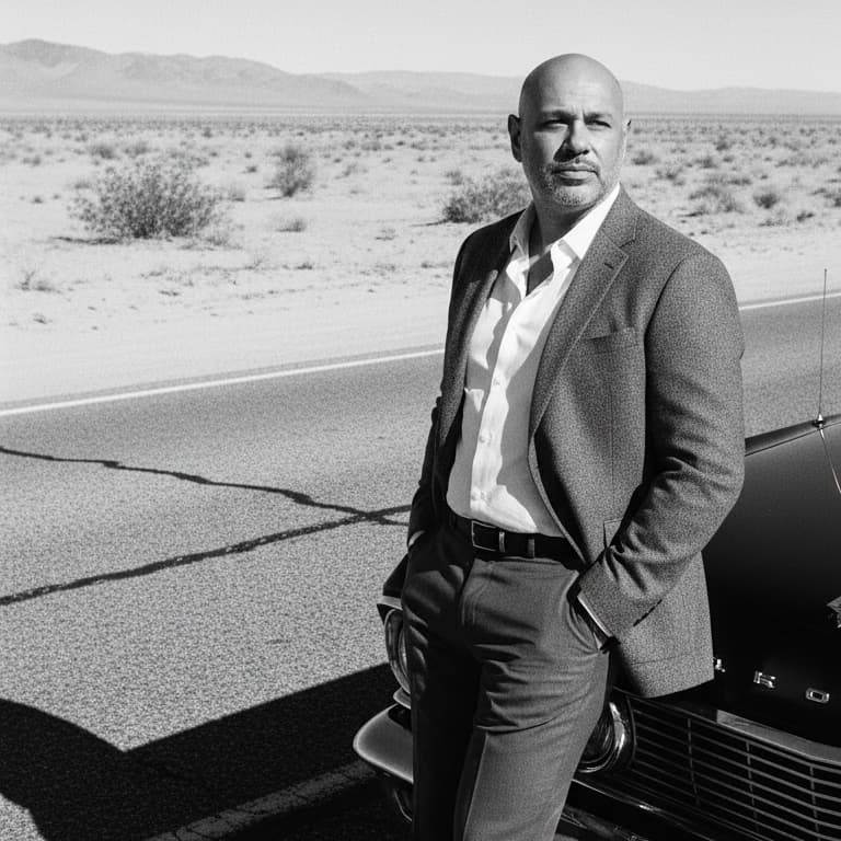 Michael J. Muzio standing beside a classic car in a desert landscape