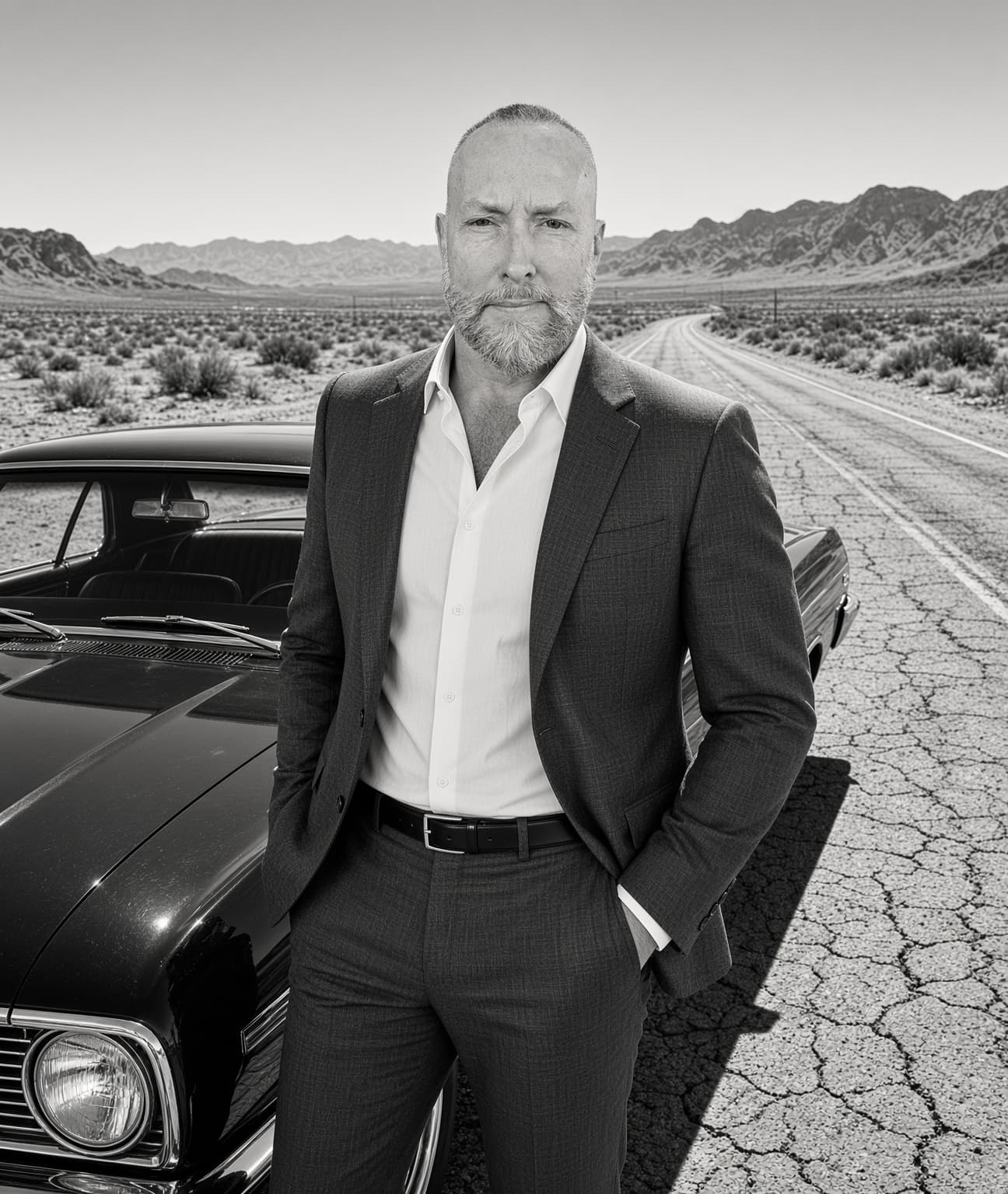 Mike Elliott standing beside a classic car in a desert landscape